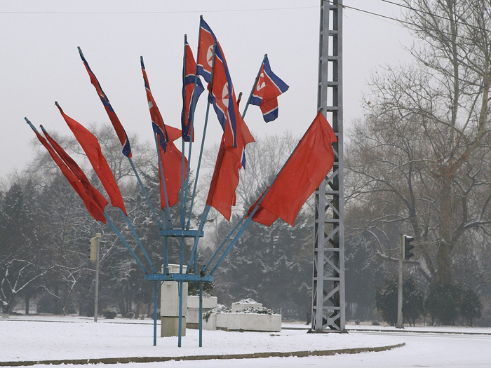 DPRK flags in snow.jpg