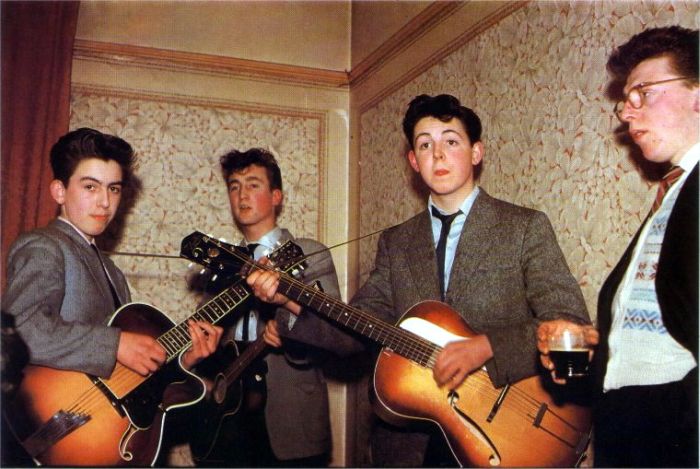 The Beatles in 1957. George Harrison is 14, John Lennon is 16, and Paul McCartney is 15..jpg