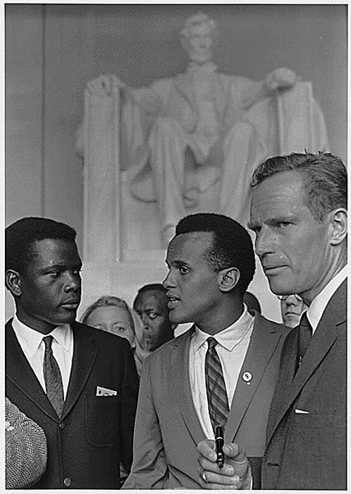 2Sidney Poitier, Harry Belafonte, and Charlton Heston at the 1963 Civil Rights March on Washington.jpg