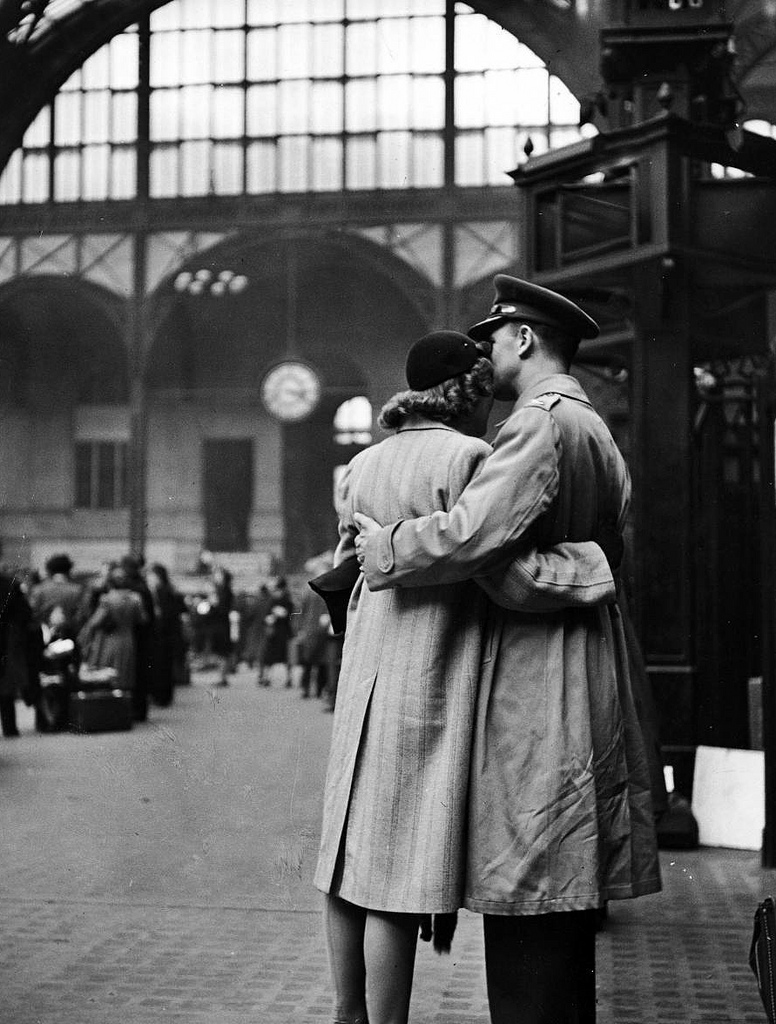 Soldier embracing his girlfriend while saying goodbye in Pennsylvania Station before returning to duty after a brief furlough, 1944..jpg