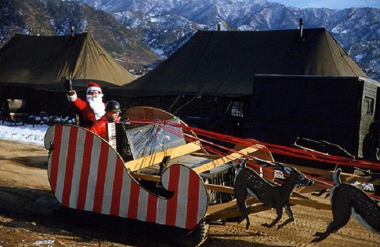 ASanta Claus in sleigh made from jeep-115th Clearing Hospita.JPG