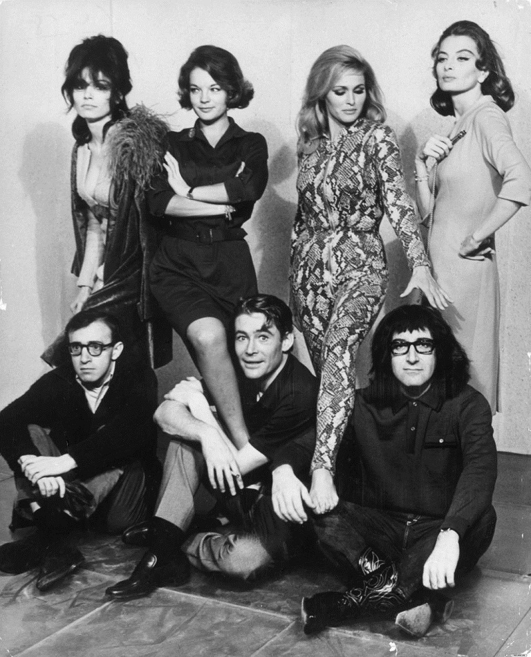 Paula Prentiss, Romy Schneider, Ursula Andress, Capucine, Woody Allen, Peter O’Toole and Peter Sellers, What’s New Pussycat (1965).jpg