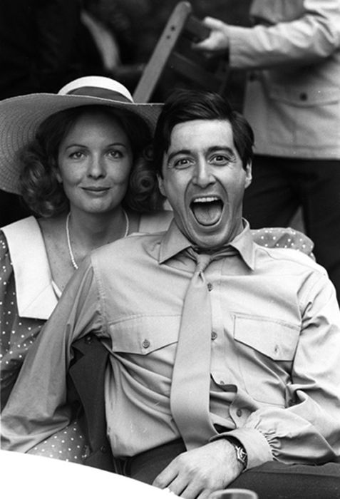 Diane Keaton and Al Pacino fooling around on the set of The Godfather.jpg