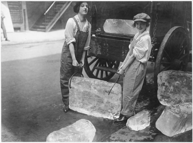 Two women deliver ice in 1918 and do their patriotic duty to staff the work force while men fought in World War I..jpg