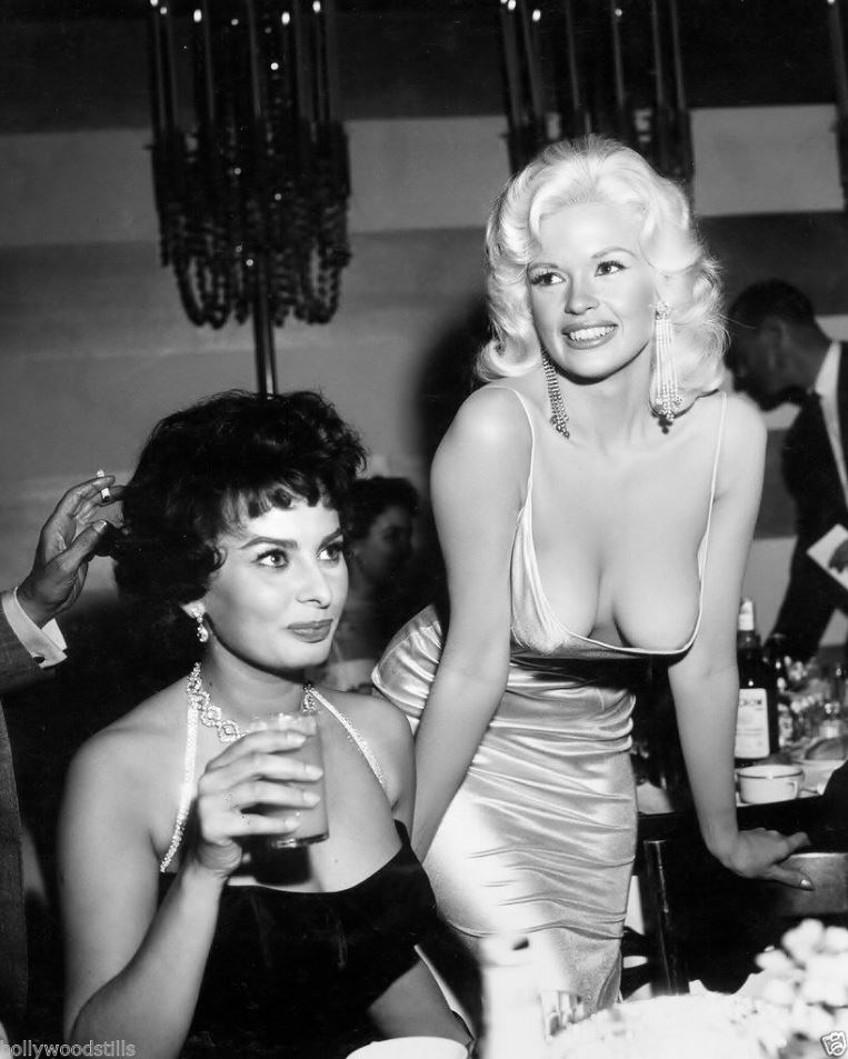 Jayne Mansfield bending over Sophia Loren candid movie star rare.JPG