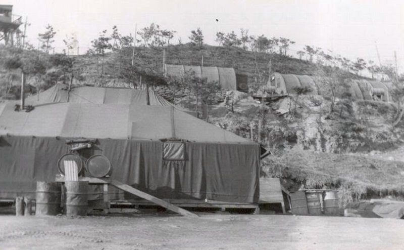 26 Our Comm. &amp; Hooch on top of the Hill, the tent in foreground is the KTUSAS Chow hall....Korea 1958.jpg