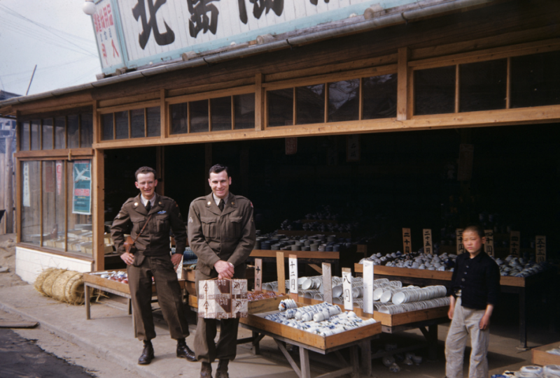 49Ted and George in front of china shop, april 