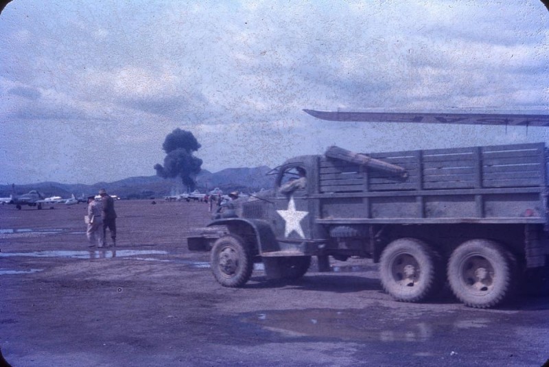 y34 Shell explosion off end of airfield, Daegu, Sept 1950.jpg