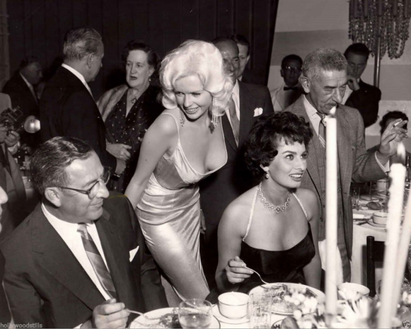 Jayne Mansfield standing next to Sophia Loren candid movie star rare.JPG