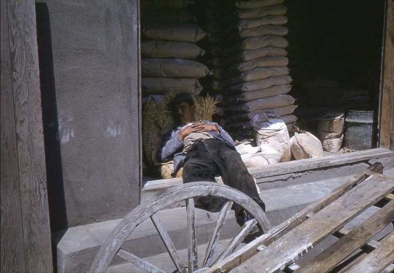 383H Original Slide Man Takes nap on Cement Bags Post Korean War Seoul Korea 50s.JPG