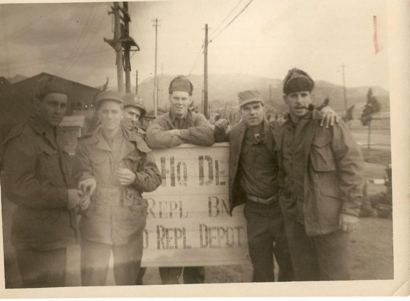My father (at center) just arrived in Korea, at a replacement depot..jpg