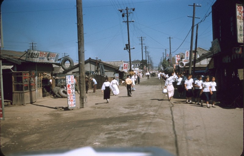 155 Schoolgirls marching at Chonan, 1957.jpg