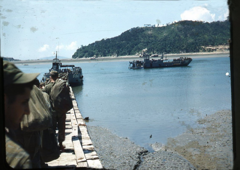 z4 1950s red border Kodachrome photo slide Korean War #4 Inchon boarding ship.jpg