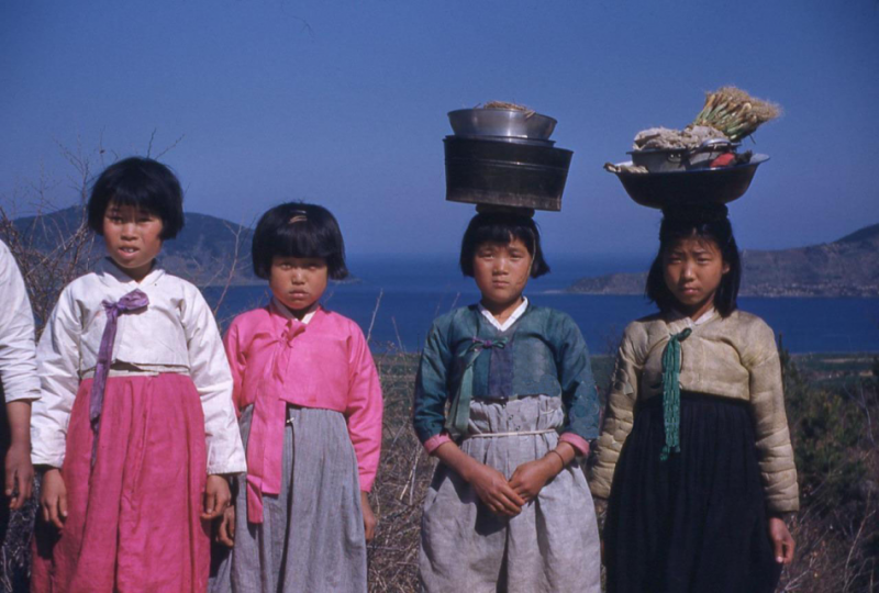 081H Original Slide, Local girls pose for photo Korean Korean War 1950s.jpg
